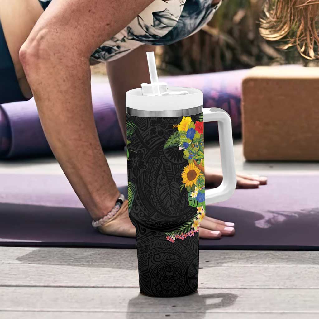 Hawaiian Tropical Plants and Chameleon Tumbler With Handle Polynesian Art Colorful - Polynesian Pride