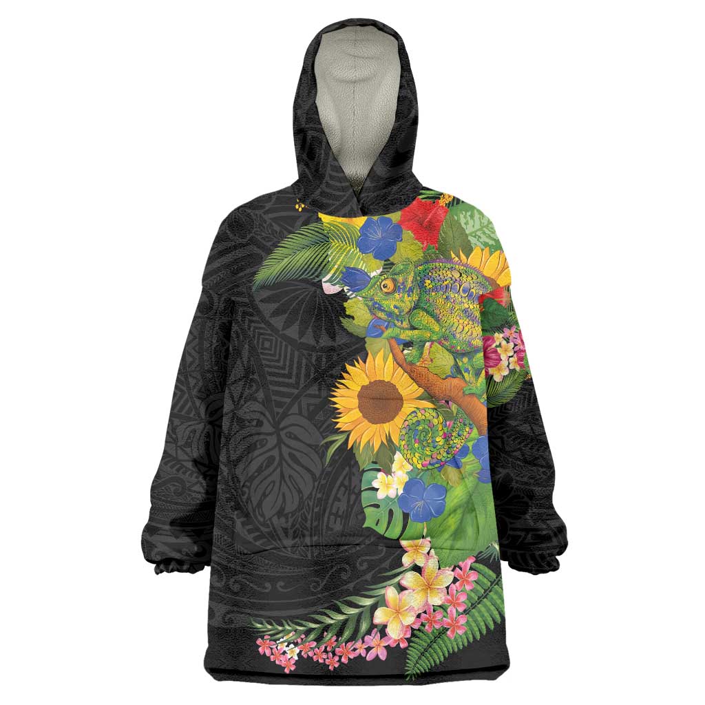 Hawaiian Tropical Plants and Chameleon Wearable Blanket Hoodie Polynesian Art Colorful - Polynesian Pride