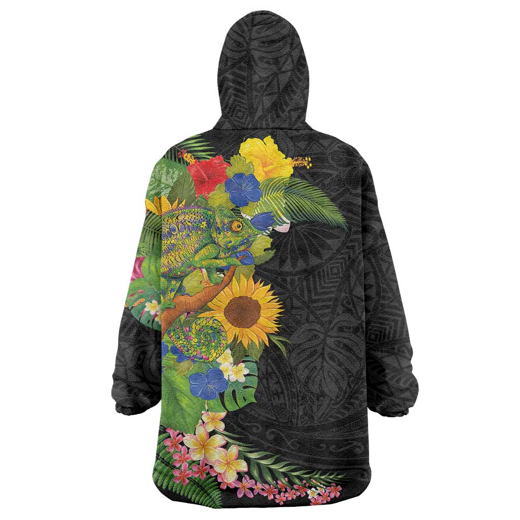 Hawaiian Tropical Plants and Chameleon Wearable Blanket Hoodie Polynesian Art Colorful - Polynesian Pride