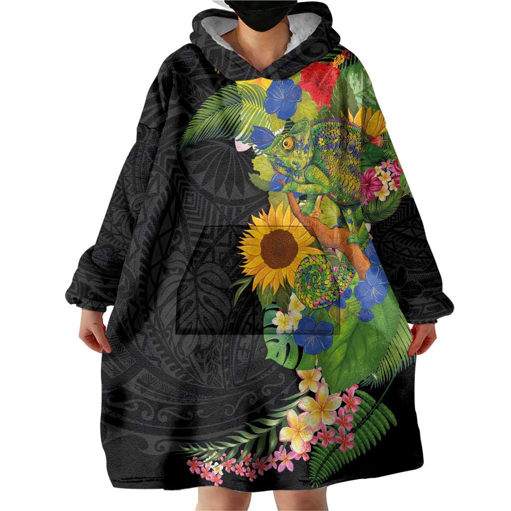 Hawaiian Tropical Plants and Chameleon Wearable Blanket Hoodie Polynesian Art Colorful - Polynesian Pride