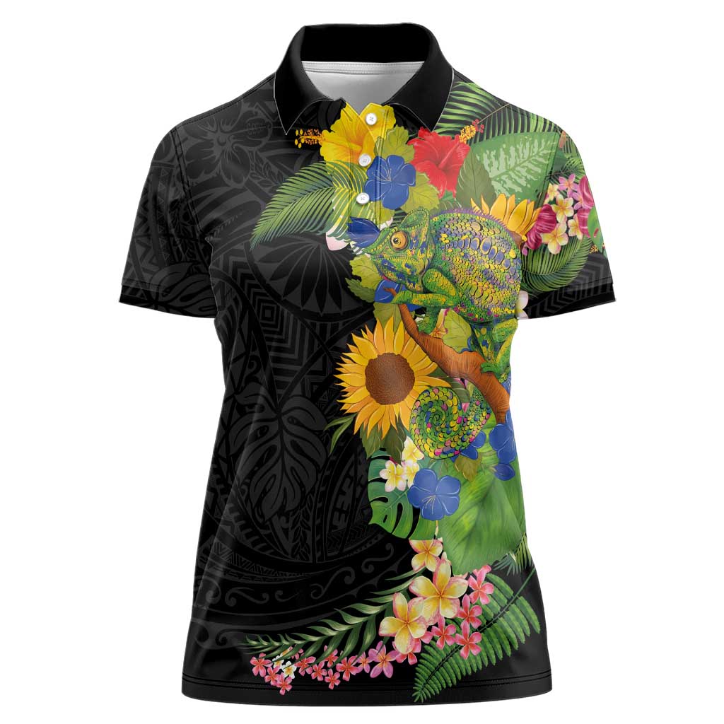 Hawaiian Tropical Plants and Chameleon Women Polo Shirt Polynesian Art Colorful - Polynesian Pride