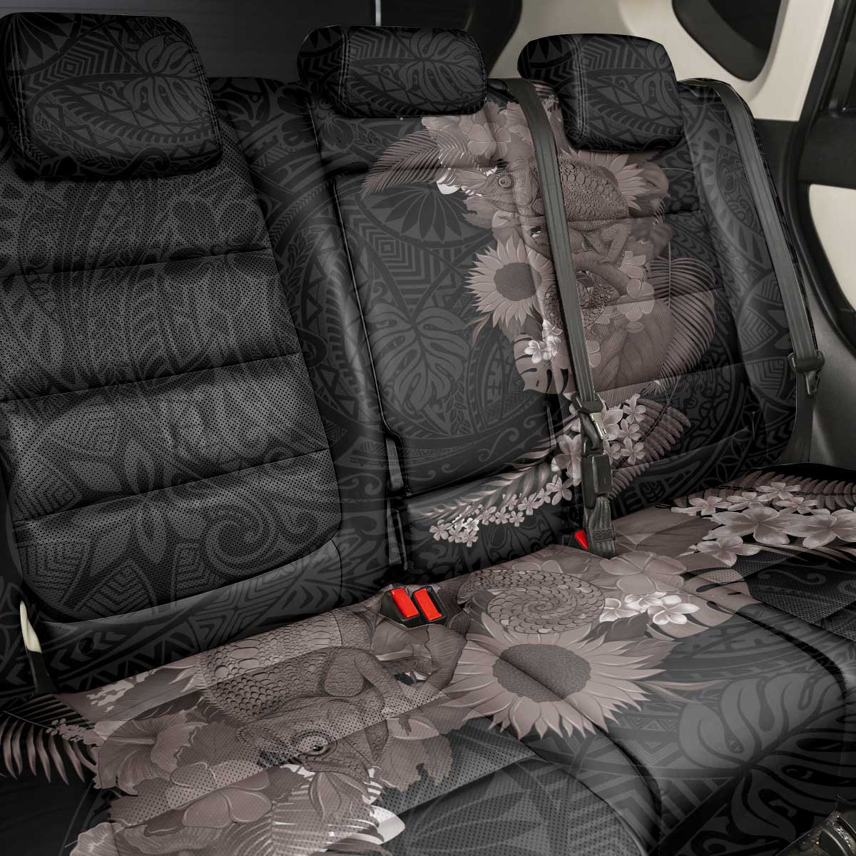 Hawaiian Tropical Plants and Chameleon Back Car Seat Cover Polynesian Art Grayscale - Polynesian Pride