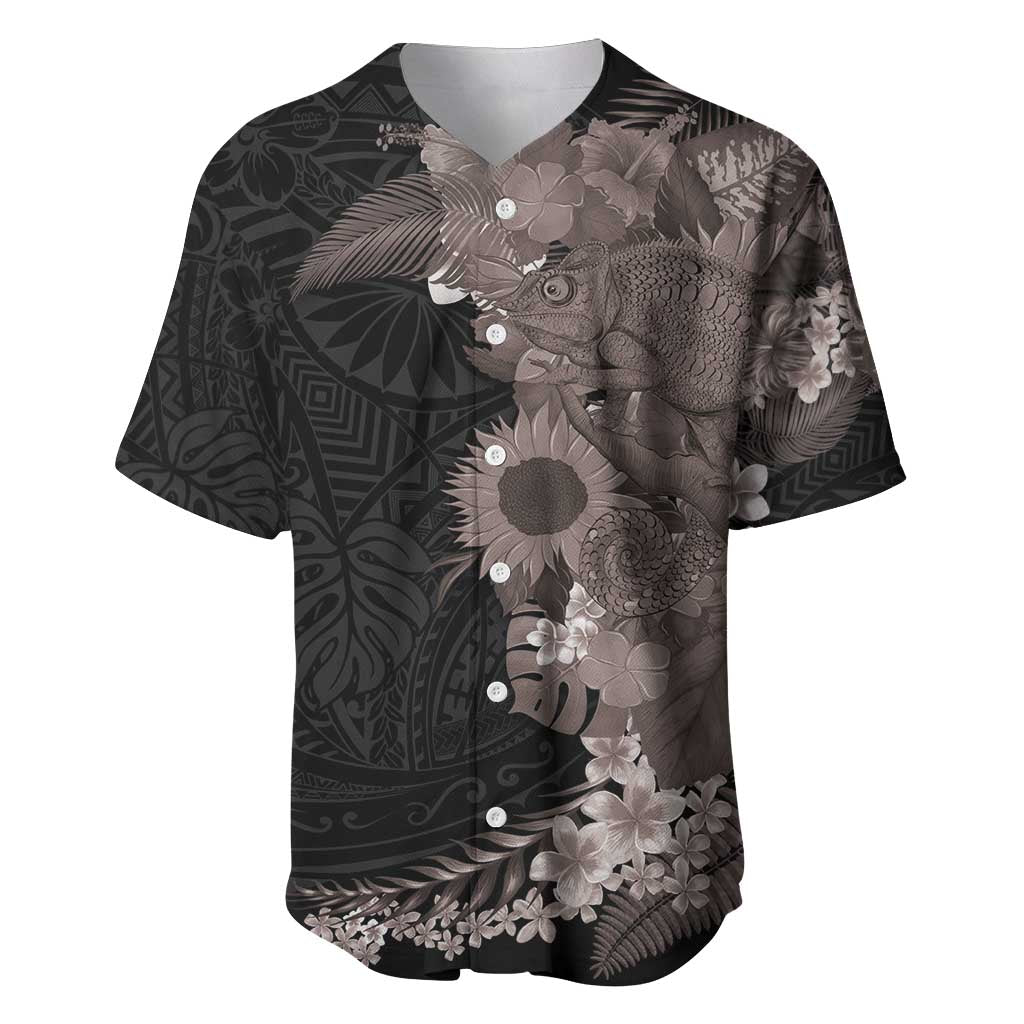 Hawaiian Tropical Plants and Chameleon Baseball Jersey Polynesian Art Grayscale - Polynesian Pride