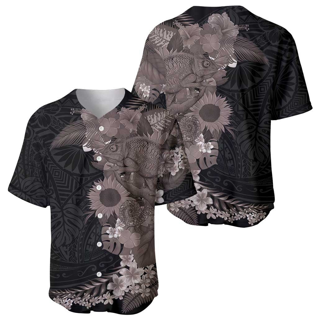 Hawaiian Tropical Plants and Chameleon Baseball Jersey Polynesian Art Grayscale - Polynesian Pride