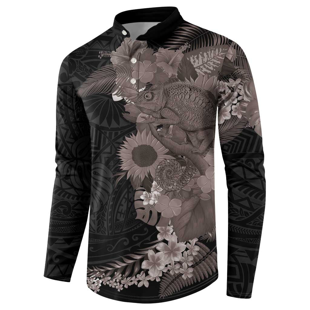 Hawaiian Tropical Plants and Chameleon Button Sweatshirt Polynesian Art Grayscale - Polynesian Pride