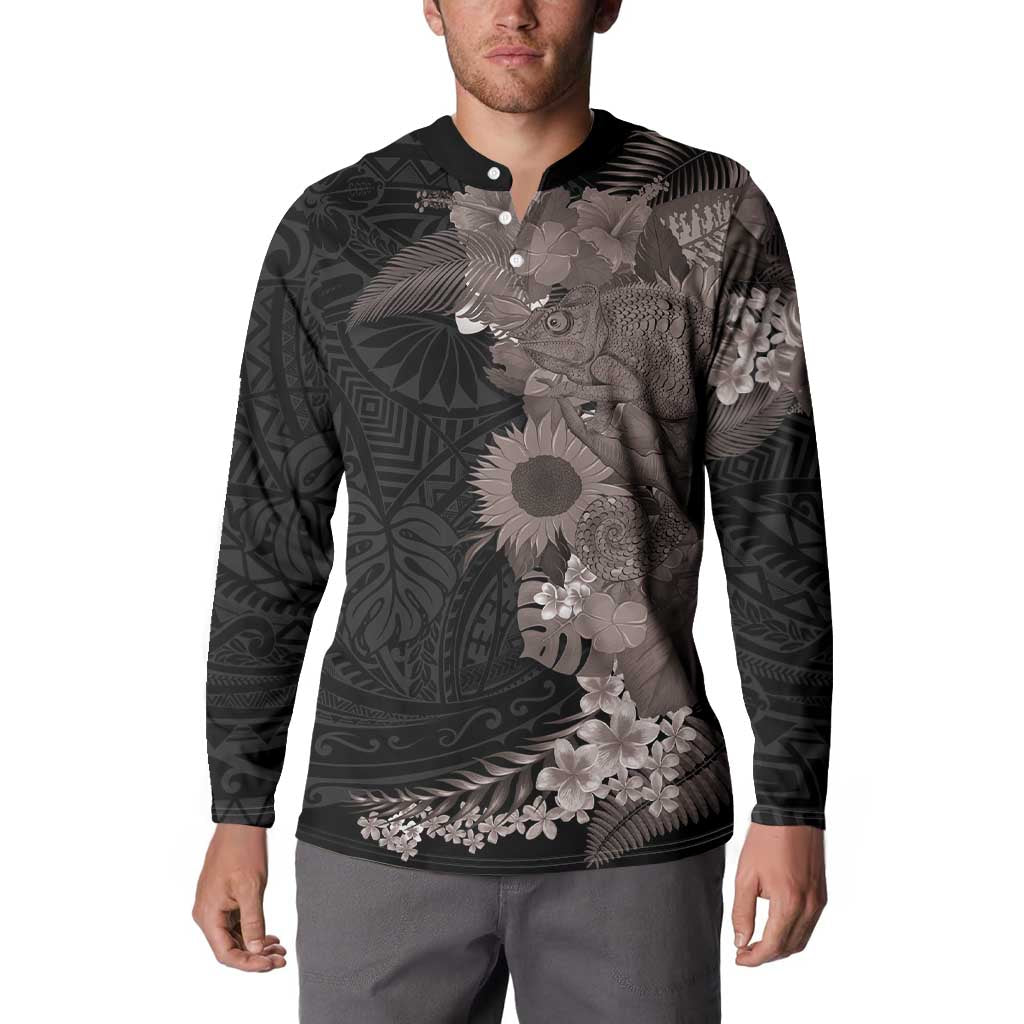 Hawaiian Tropical Plants and Chameleon Button Sweatshirt Polynesian Art Grayscale - Polynesian Pride