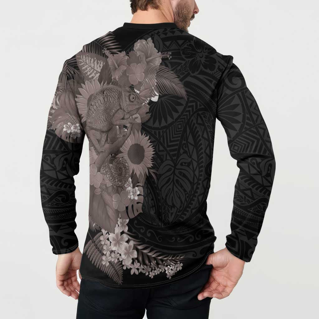 Hawaiian Tropical Plants and Chameleon Button Sweatshirt Polynesian Art Grayscale - Polynesian Pride