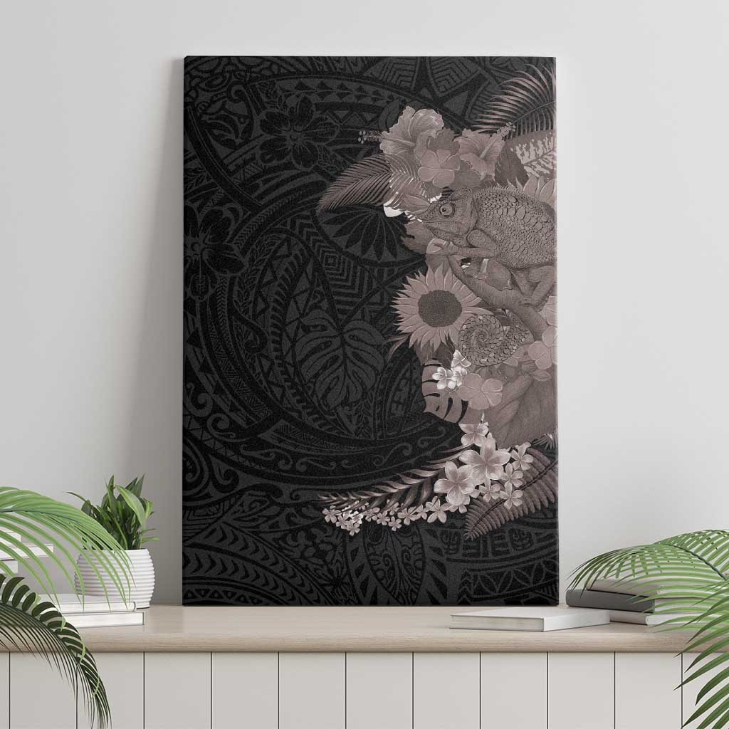 Hawaiian Tropical Plants and Chameleon Canvas Wall Art Polynesian Art Grayscale - Polynesian Pride