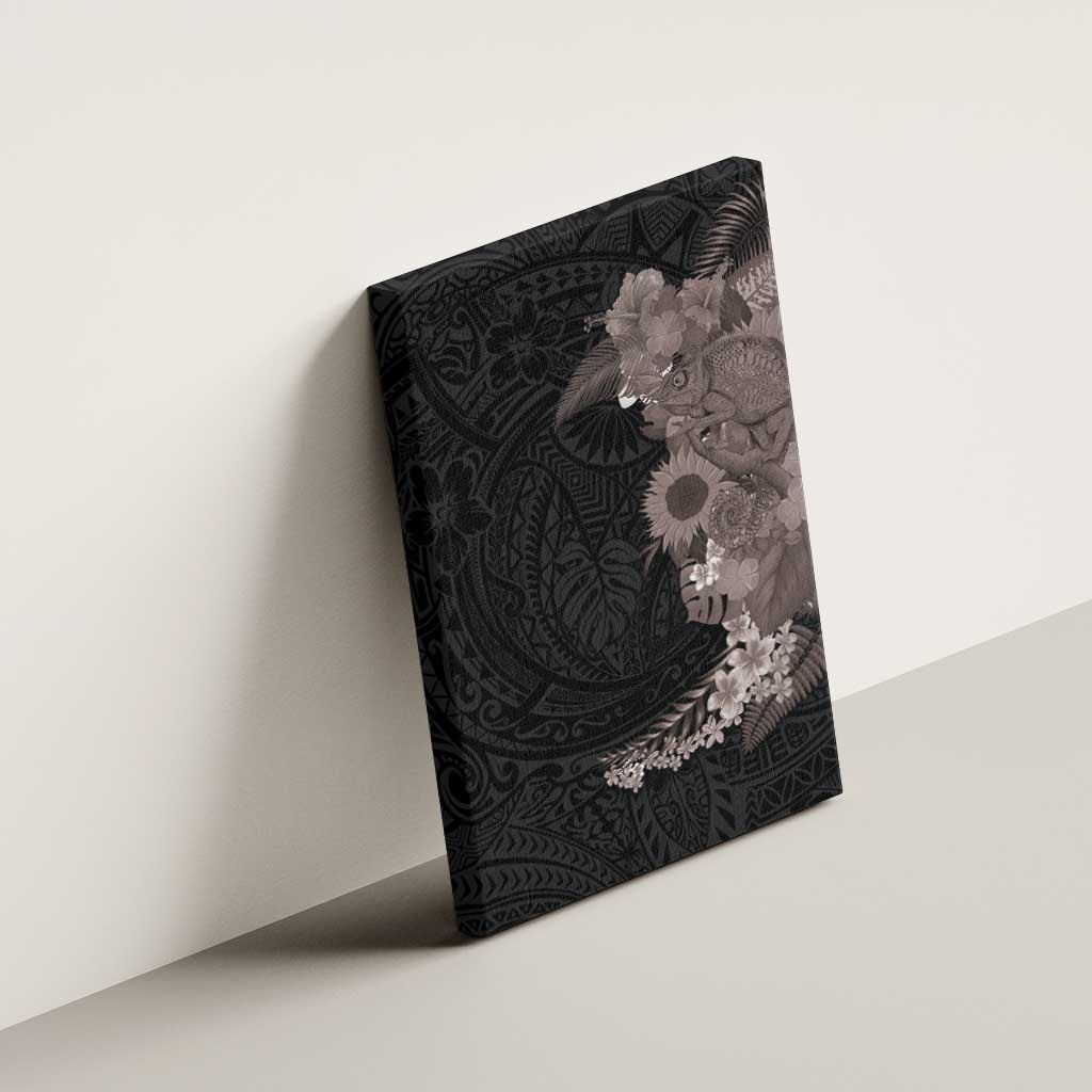Hawaiian Tropical Plants and Chameleon Canvas Wall Art Polynesian Art Grayscale - Polynesian Pride