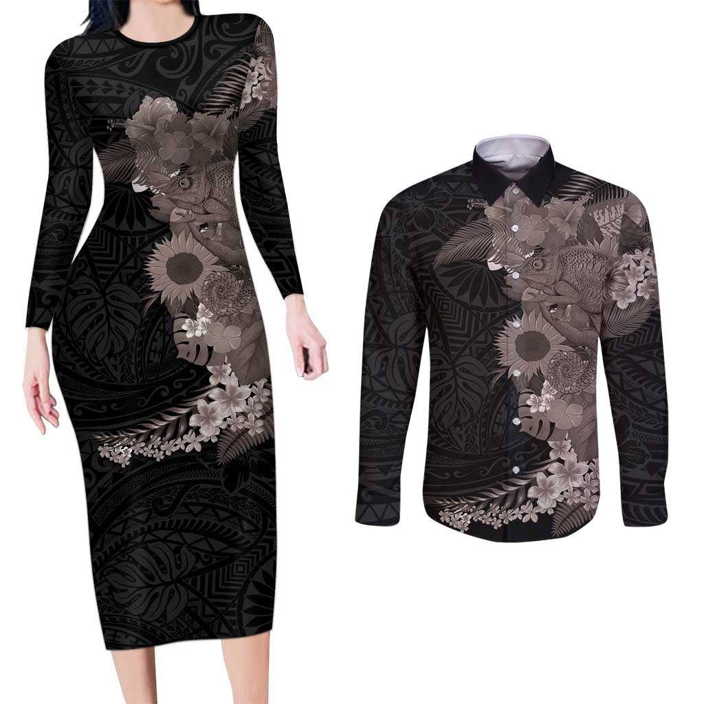 Hawaiian Tropical Plants and Chameleon Couples Matching Long Sleeve Bodycon Dress and Long Sleeve Button Shirt Polynesian Art Grayscale - Polynesian Pride