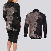 Hawaiian Tropical Plants and Chameleon Couples Matching Long Sleeve Bodycon Dress and Long Sleeve Button Shirt Polynesian Art Grayscale - Polynesian Pride