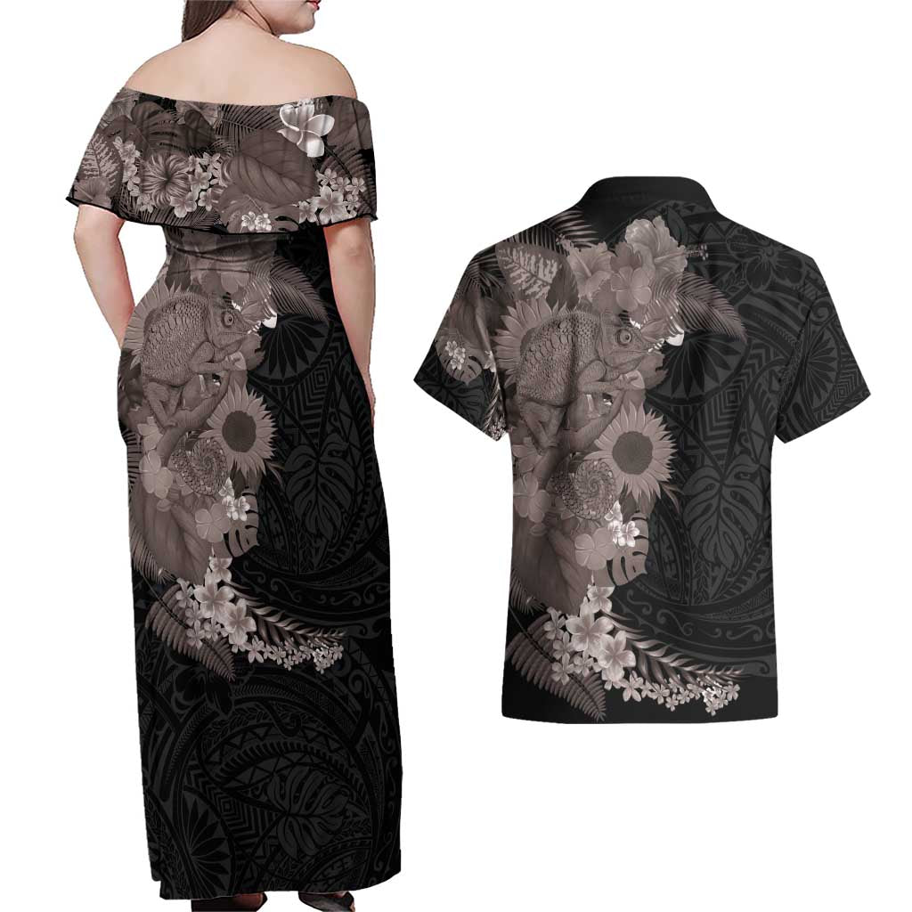 Hawaiian Tropical Plants and Chameleon Couples Matching Off Shoulder Maxi Dress and Hawaiian Shirt Polynesian Art Grayscale - Polynesian Pride