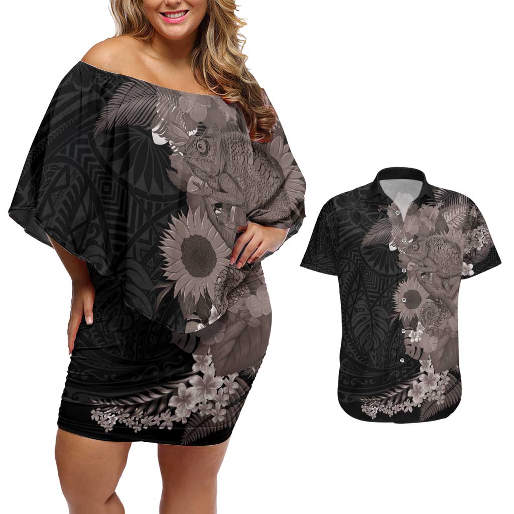 Hawaiian Tropical Plants and Chameleon Couples Matching Off Shoulder Short Dress and Hawaiian Shirt Polynesian Art Grayscale - Polynesian Pride