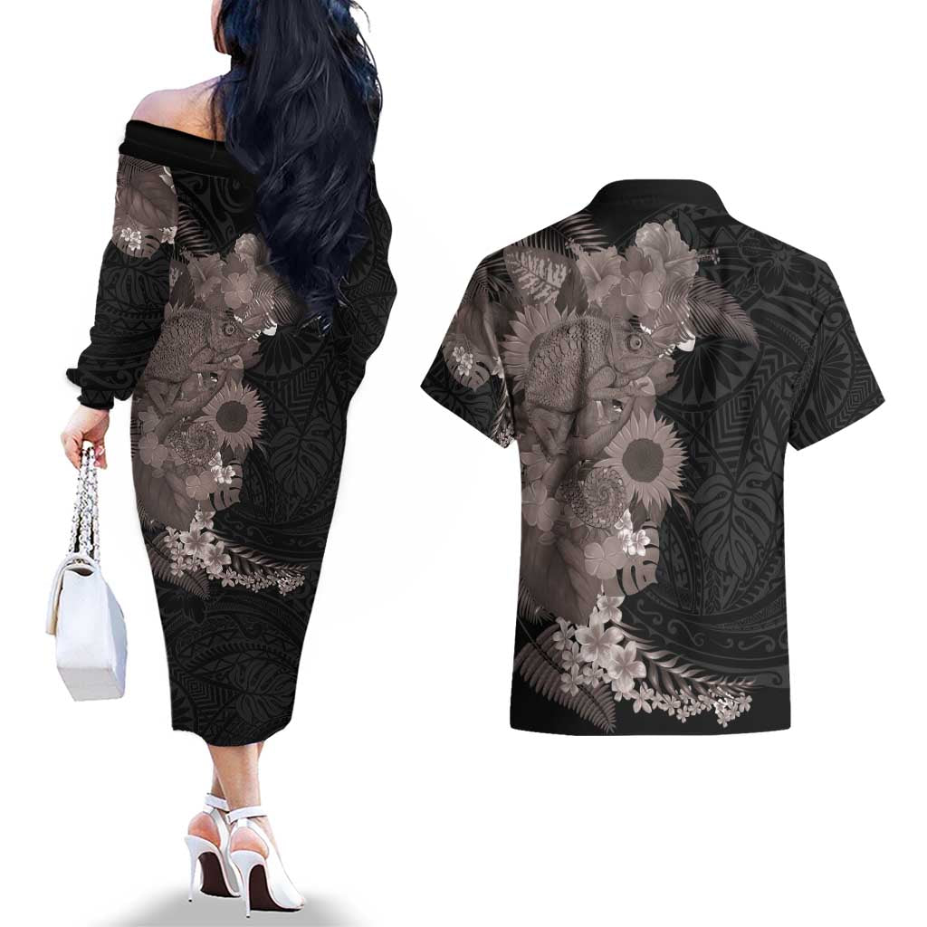 Hawaiian Tropical Plants and Chameleon Couples Matching Off The Shoulder Long Sleeve Dress and Hawaiian Shirt Polynesian Art Grayscale - Polynesian Pride