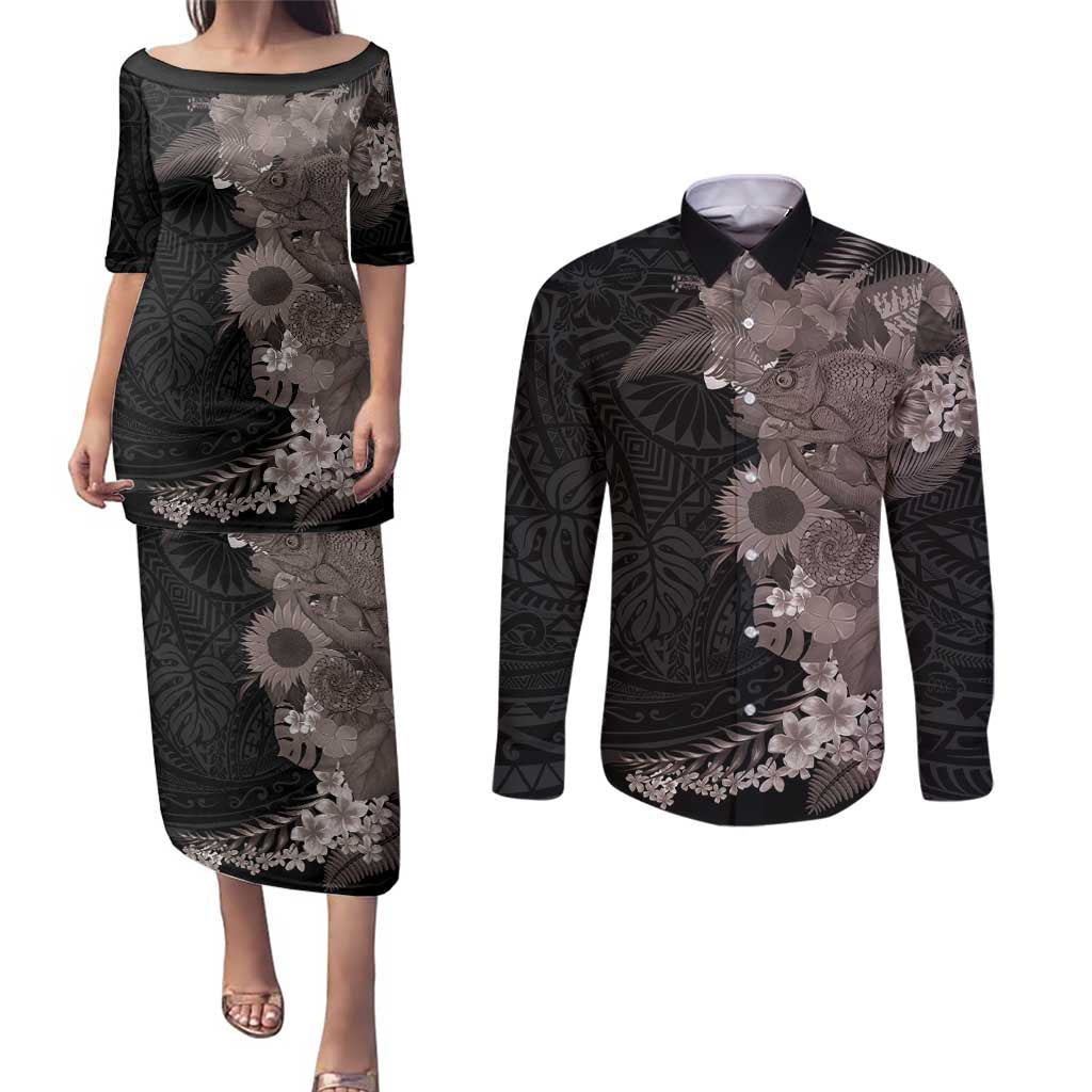 Hawaiian Tropical Plants and Chameleon Couples Matching Puletasi and Long Sleeve Button Shirt Polynesian Art Grayscale - Polynesian Pride