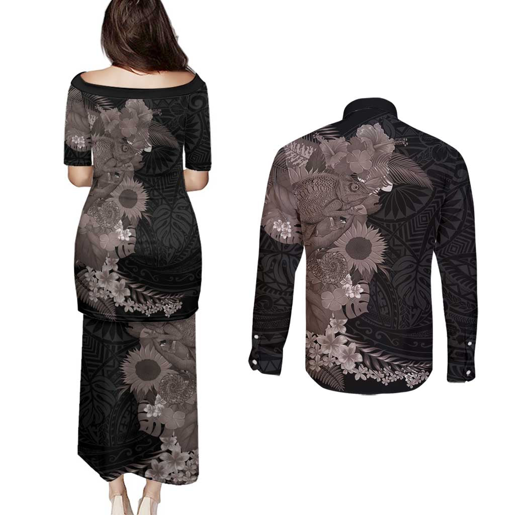 Hawaiian Tropical Plants and Chameleon Couples Matching Puletasi and Long Sleeve Button Shirt Polynesian Art Grayscale - Polynesian Pride