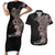 Hawaiian Tropical Plants and Chameleon Couples Matching Short Sleeve Bodycon Dress and Hawaiian Shirt Polynesian Art Grayscale - Polynesian Pride