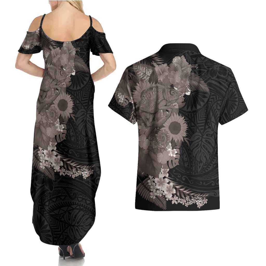 Hawaiian Tropical Plants and Chameleon Couples Matching Summer Maxi Dress and Hawaiian Shirt Polynesian Art Grayscale - Polynesian Pride