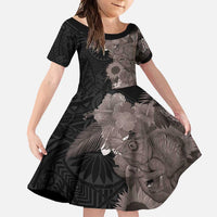 Hawaiian Tropical Plants and Chameleon Family Matching Long Sleeve Bodycon Dress and Hawaiian Shirt Polynesian Art Grayscale LT03 Daughter's Dress Black - Polynesian Pride