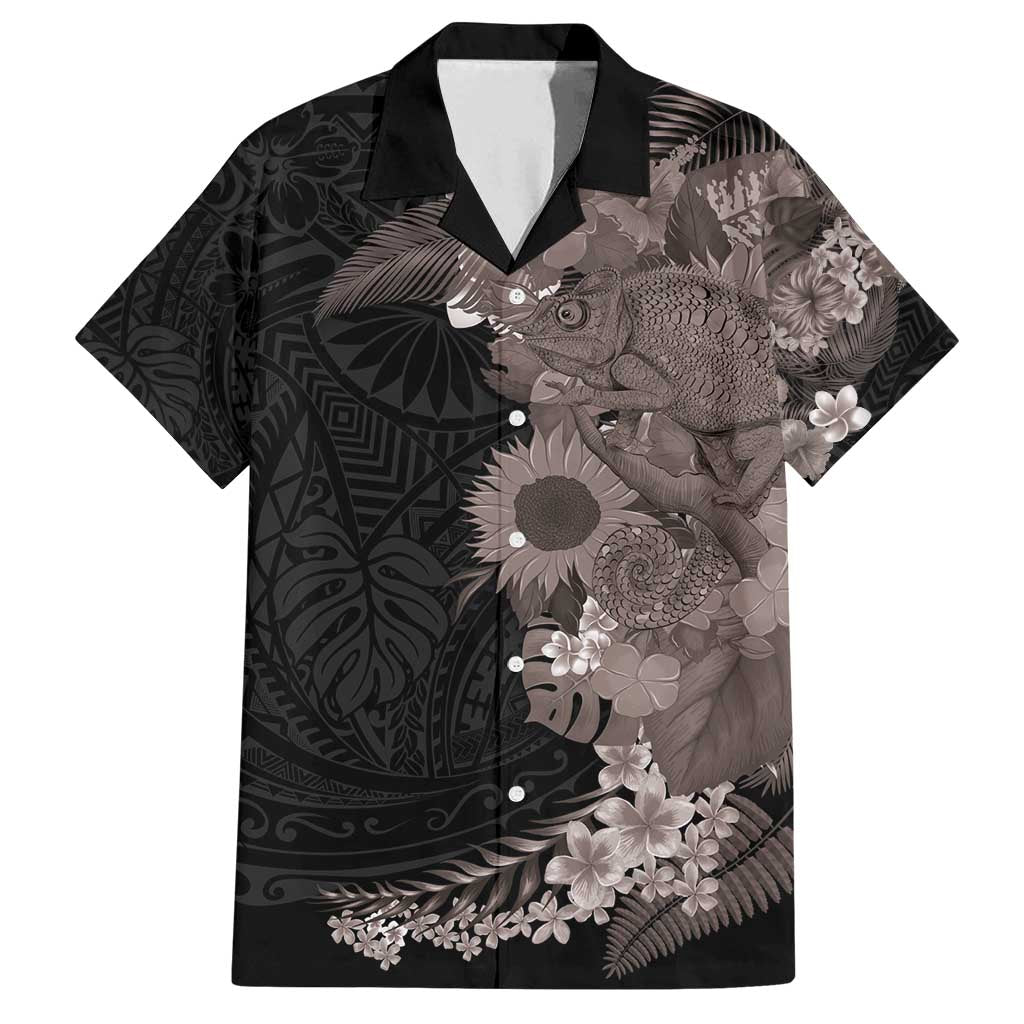 Hawaiian Tropical Plants and Chameleon Family Matching Long Sleeve Bodycon Dress and Hawaiian Shirt Polynesian Art Grayscale LT03 Dad's Shirt - Short Sleeve Black - Polynesian Pride