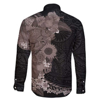 Hawaiian Tropical Plants and Chameleon Family Matching Long Sleeve Bodycon Dress and Hawaiian Shirt Polynesian Art Grayscale LT03 - Polynesian Pride