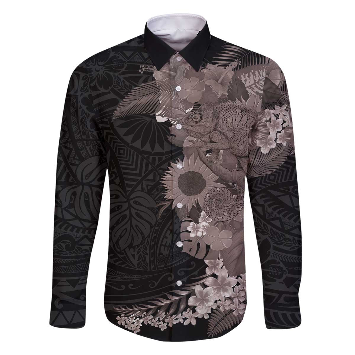 Hawaiian Tropical Plants and Chameleon Family Matching Off The Shoulder Long Sleeve Dress and Hawaiian Shirt Polynesian Art Grayscale - Polynesian Pride