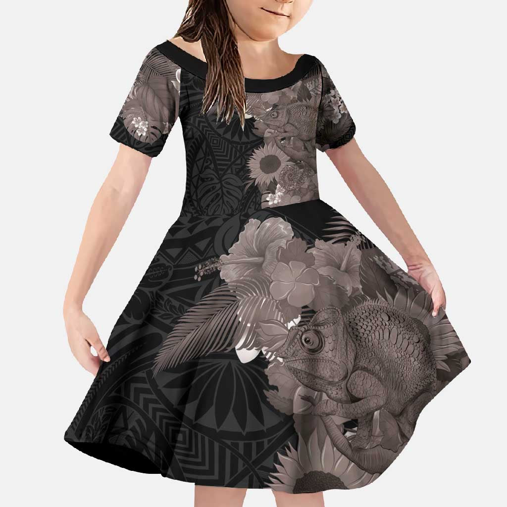 Hawaiian Tropical Plants and Chameleon Family Matching Off Shoulder Maxi Dress and Hawaiian Shirt Polynesian Art Grayscale - Polynesian Pride