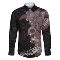 Hawaiian Tropical Plants and Chameleon Family Matching Off Shoulder Short Dress and Hawaiian Shirt Polynesian Art Grayscale LT03 Dad's Shirt - Long Sleeve Black - Polynesian Pride