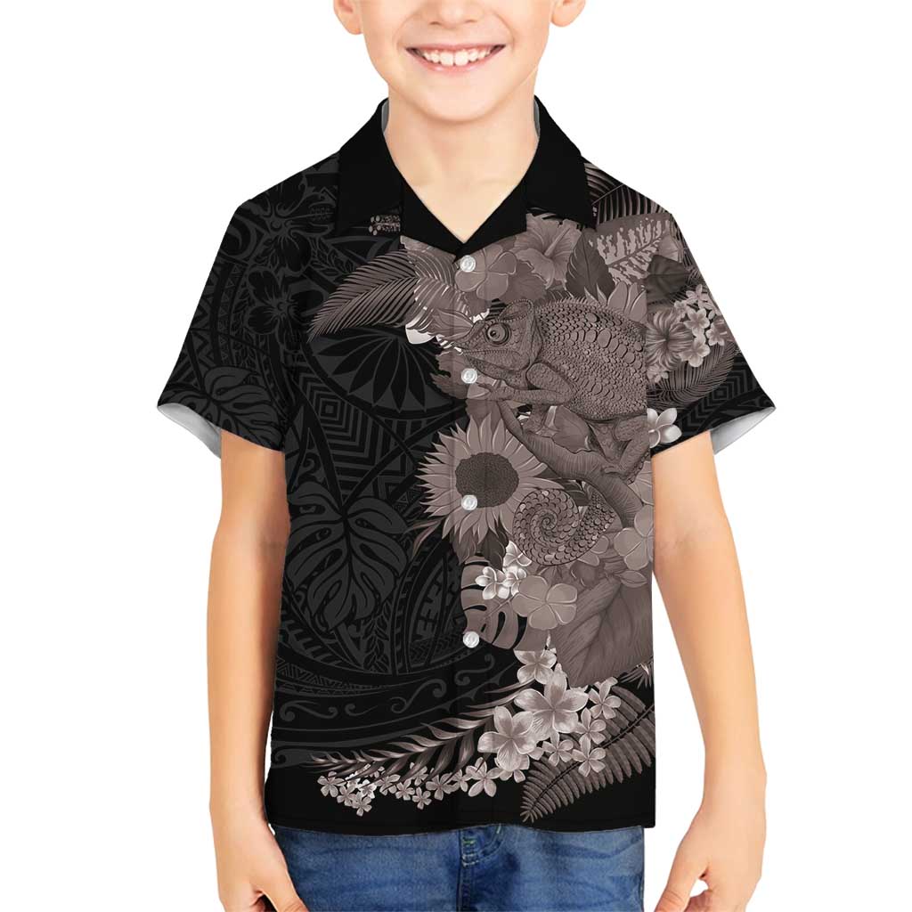 Hawaiian Tropical Plants and Chameleon Family Matching Off Shoulder Short Dress and Hawaiian Shirt Polynesian Art Grayscale LT03 Son's Shirt Black - Polynesian Pride