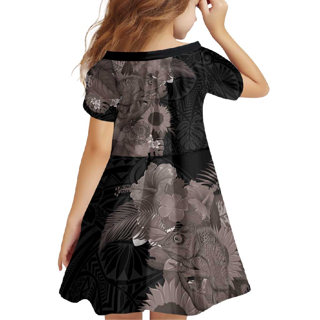 Hawaiian Tropical Plants and Chameleon Family Matching Short Sleeve Bodycon Dress and Hawaiian Shirt Polynesian Art Grayscale - Polynesian Pride