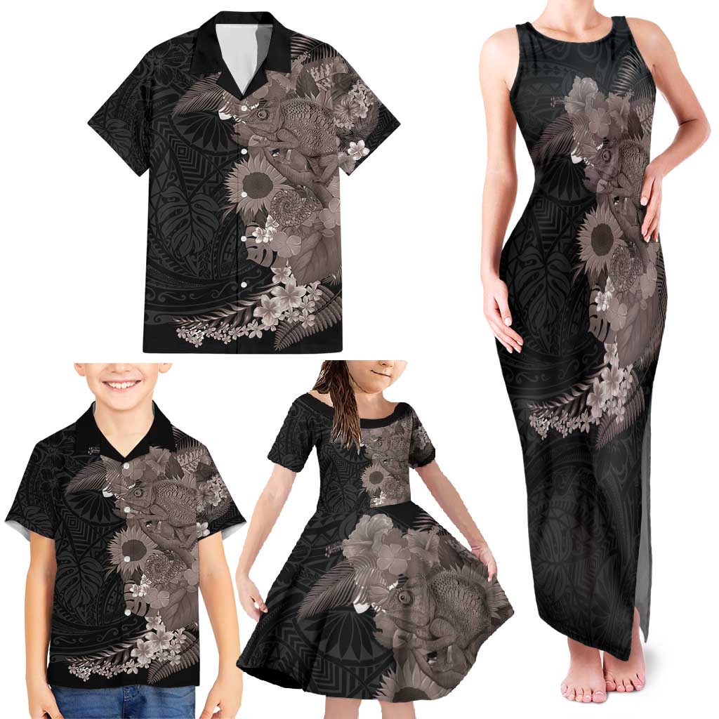 Hawaiian Tropical Plants and Chameleon Family Matching Tank Maxi Dress and Hawaiian Shirt Polynesian Art Grayscale - Polynesian Pride
