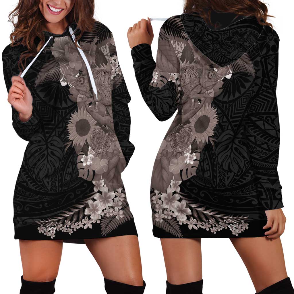 Hawaiian Tropical Plants and Chameleon Hoodie Dress Polynesian Art Grayscale - Polynesian Pride