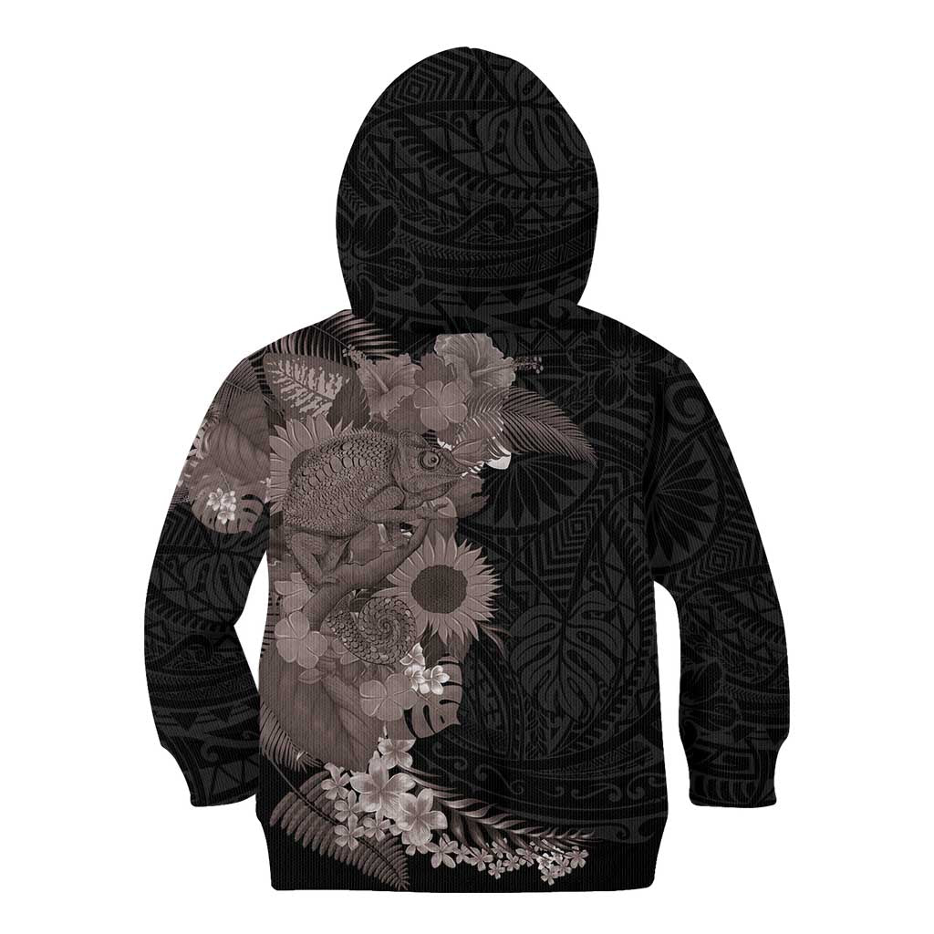 Hawaiian Tropical Plants and Chameleon Kid Hoodie Polynesian Art Grayscale - Polynesian Pride