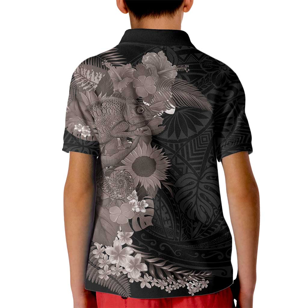 Hawaiian Tropical Plants and Chameleon Kid Polo Shirt Polynesian Art Grayscale - Polynesian Pride