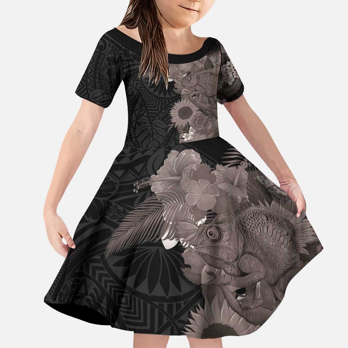 Hawaiian Tropical Plants and Chameleon Kid Short Sleeve Dress Polynesian Art Grayscale - Polynesian Pride Hawaiian Tropical Plants and Chameleon Kid Short Sleeve Dress Polynesian Art Grayscale - Polynesian Pride