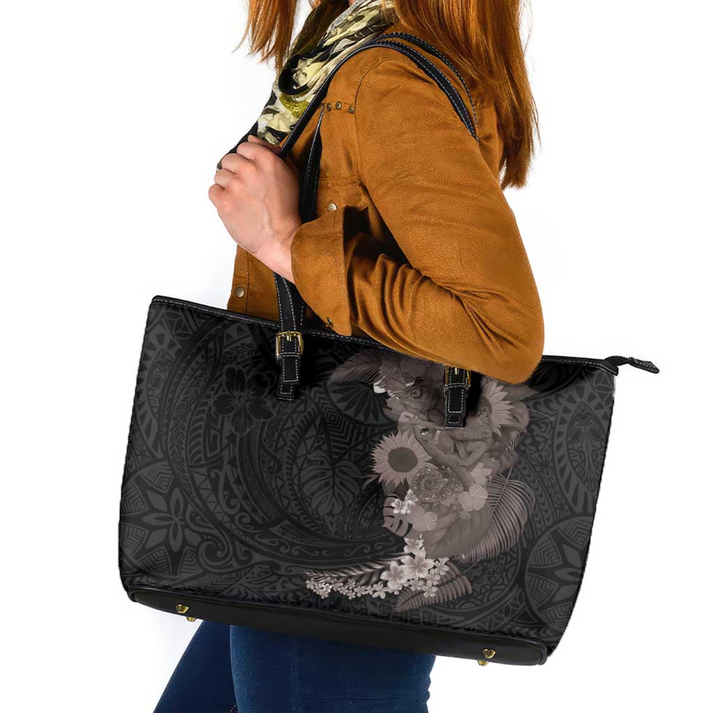 Hawaiian Tropical Plants and Chameleon Leather Tote Bag Polynesian Art Grayscale - Polynesian Pride