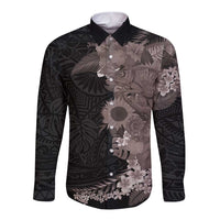 Hawaiian Tropical Plants and Chameleon Long Sleeve Button Shirt Polynesian Art Grayscale - Polynesian Pride