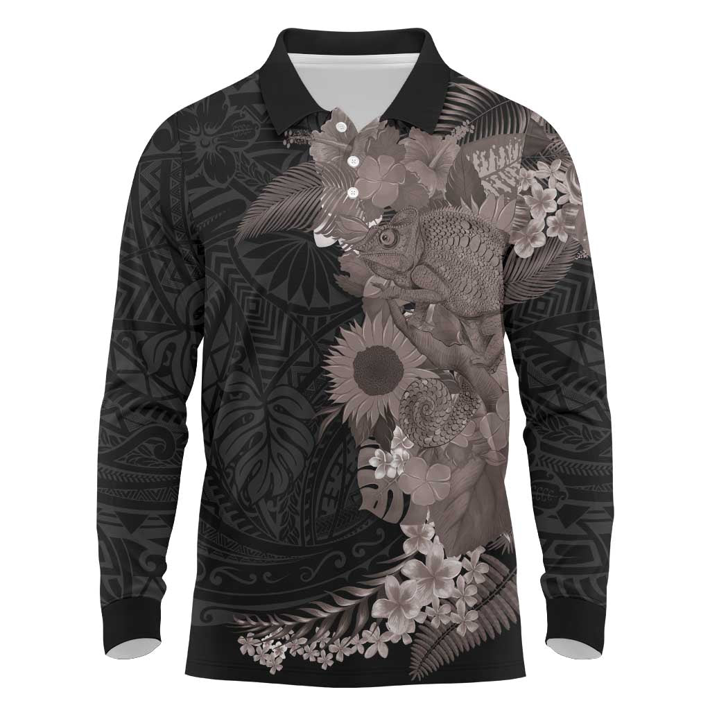 Hawaiian Tropical Plants and Chameleon Long Sleeve Polo Shirt Polynesian Art Grayscale - Polynesian Pride