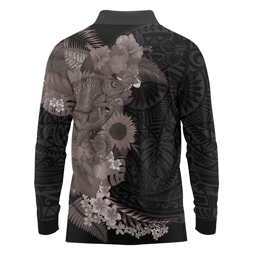 Hawaiian Tropical Plants and Chameleon Long Sleeve Polo Shirt Polynesian Art Grayscale LT03 - Polynesian Pride