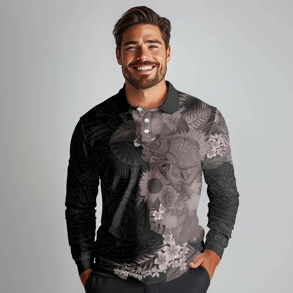 Hawaiian Tropical Plants and Chameleon Long Sleeve Polo Shirt Polynesian Art Grayscale LT03 - Polynesian Pride