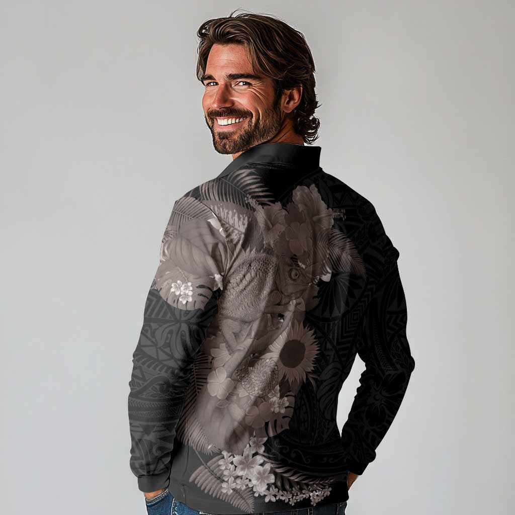 Hawaiian Tropical Plants and Chameleon Long Sleeve Polo Shirt Polynesian Art Grayscale LT03 - Polynesian Pride