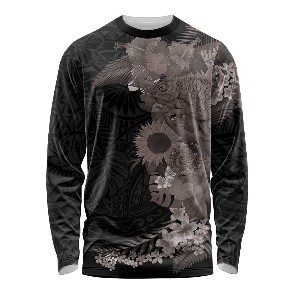 Hawaiian Tropical Plants and Chameleon Long Sleeve Shirt Polynesian Art Grayscale - Polynesian Pride