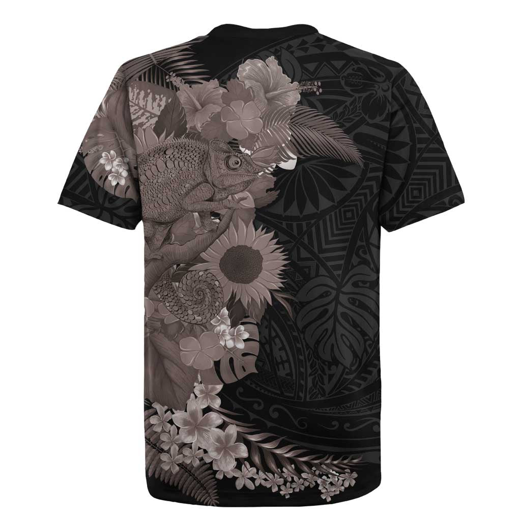 Hawaiian Tropical Plants and Chameleon Rugby Jersey Polynesian Art Grayscale - Polynesian Pride