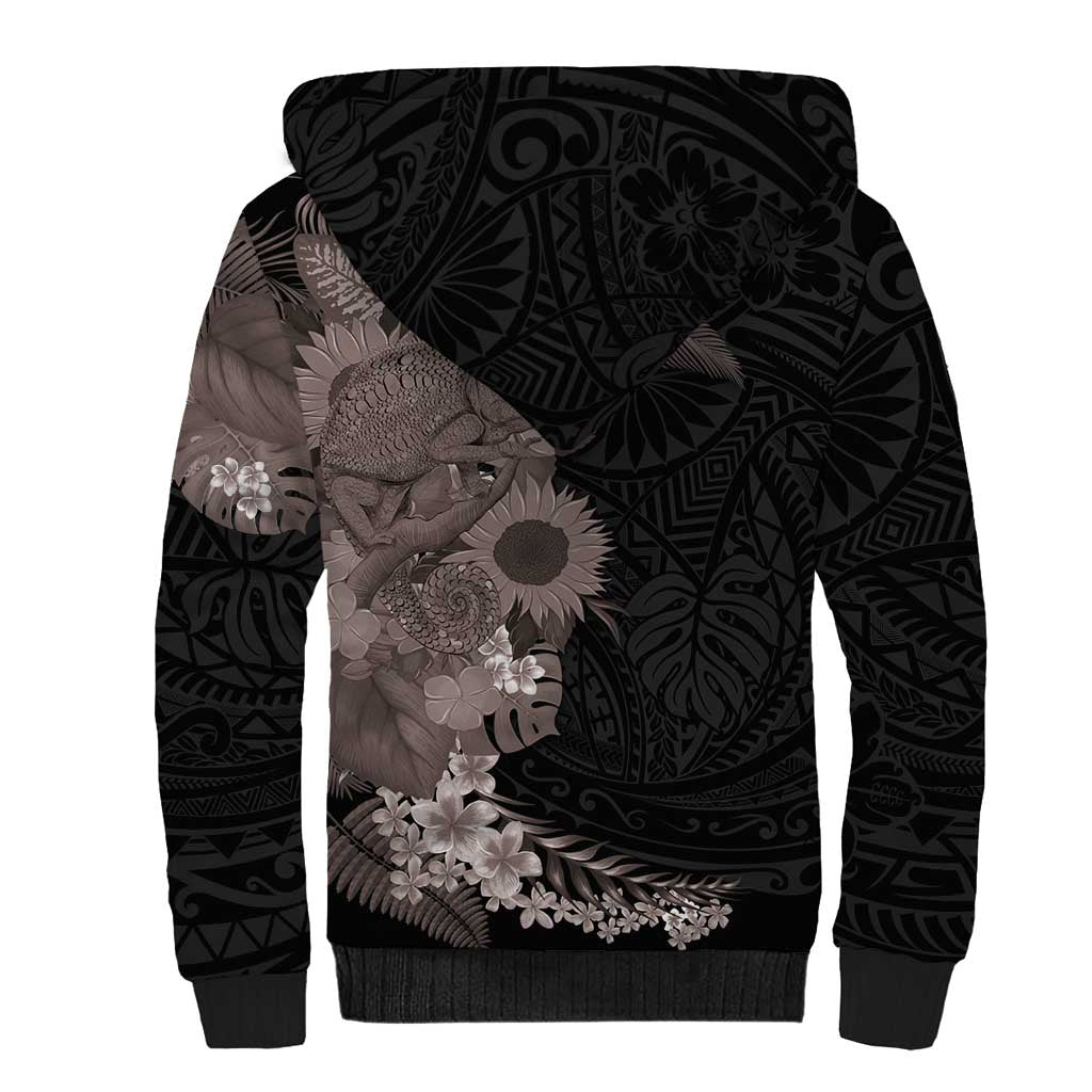 Hawaiian Tropical Plants and Chameleon Sherpa Hoodie Polynesian Art Grayscale - Polynesian Pride