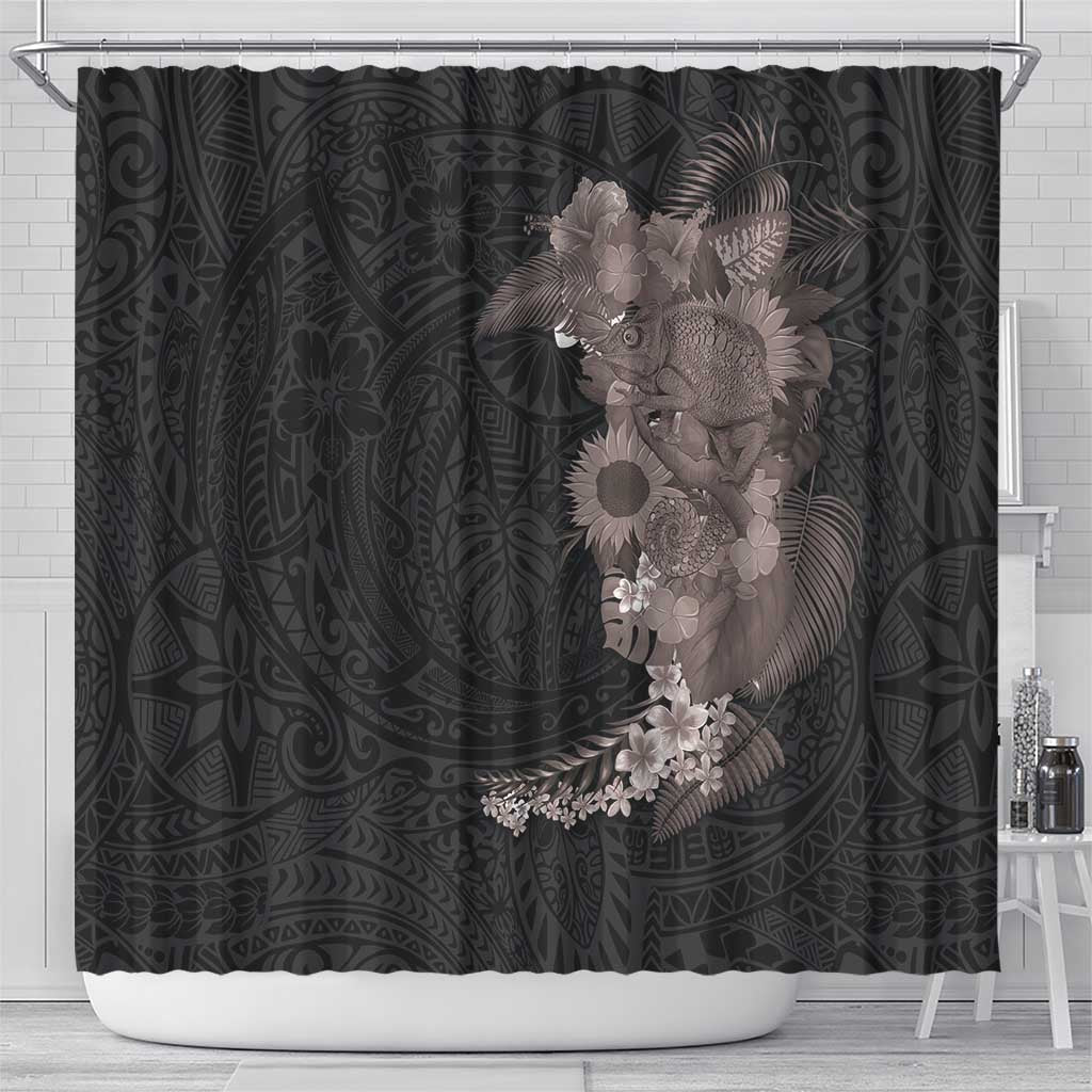 Hawaiian Tropical Plants and Chameleon Shower Curtain Polynesian Art Grayscale - Polynesian Pride