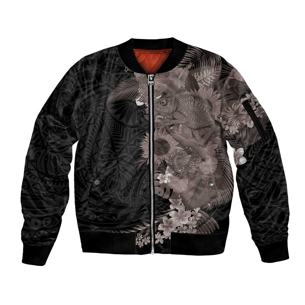 Hawaiian Tropical Plants and Chameleon Sleeve Zip Bomber Jacket Polynesian Art Grayscale LT03 Unisex Black - Polynesian Pride