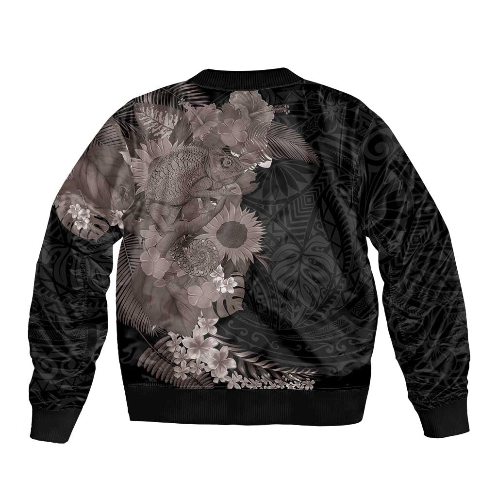 Hawaiian Tropical Plants and Chameleon Sleeve Zip Bomber Jacket Polynesian Art Grayscale LT03 - Polynesian Pride