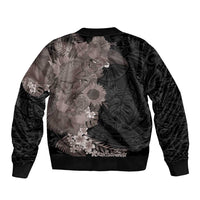 Hawaiian Tropical Plants and Chameleon Sleeve Zip Bomber Jacket Polynesian Art Grayscale LT03 - Polynesian Pride