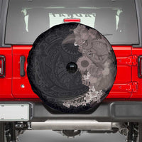 Hawaiian Tropical Plants and Chameleon Spare Tire Cover Polynesian Art Grayscale - Polynesian Pride