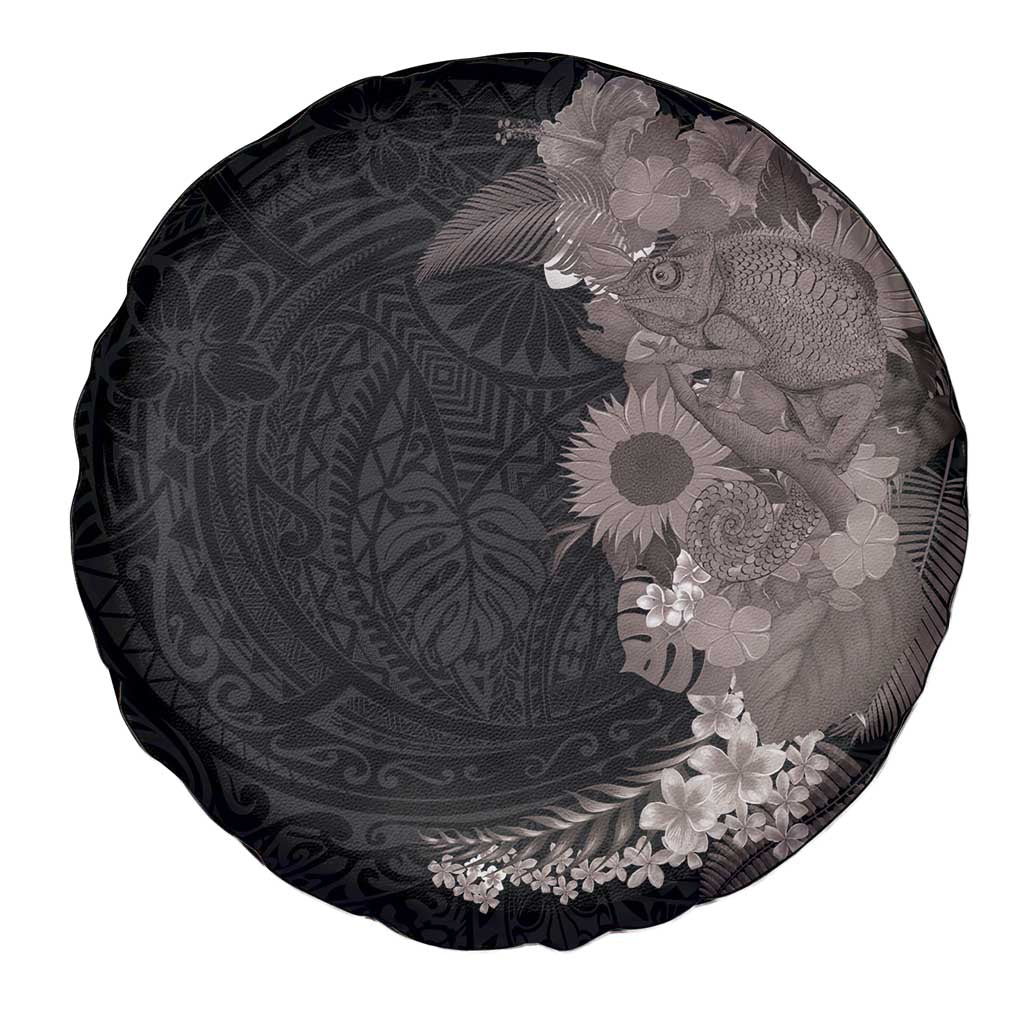 Hawaiian Tropical Plants and Chameleon Spare Tire Cover Polynesian Art Grayscale - Polynesian Pride